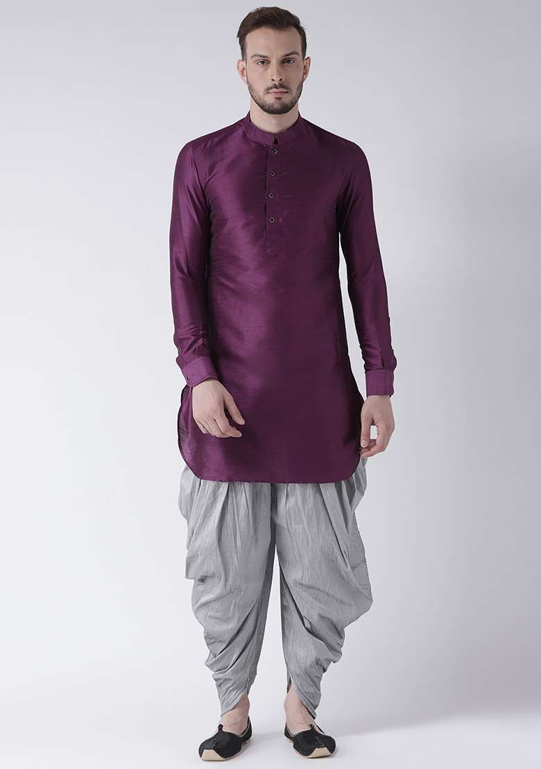 Purple Embroidery Sequins Work Dupion Silk Blend Kurta Set For Men - Indya