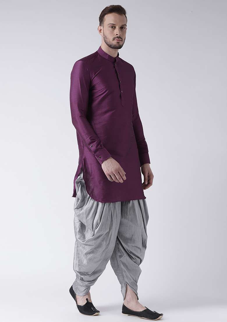 Purple Embroidery Sequins Work Dupion Silk Blend Kurta Set For Men - Indya