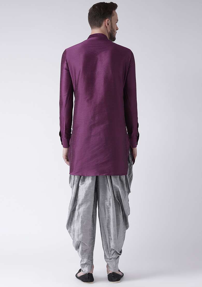 Purple Embroidery Sequins Work Dupion Silk Blend Kurta Set For Men - Indya