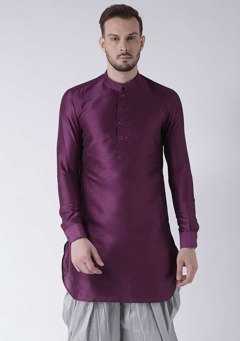 Purple Embroidery Sequins Work Dupion Silk Blend Kurta Set For Men - Indya