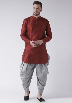 Maroon Embroidery Sequins Work Dupion Silk Kurta Set For Men