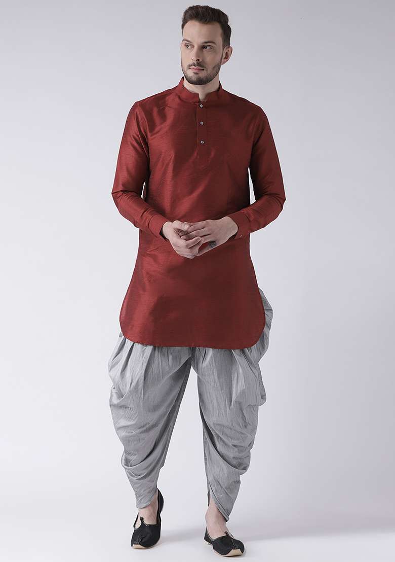 Maroon Embroidery Sequins Work Dupion Silk Blend Kurta Set For Men - Indya