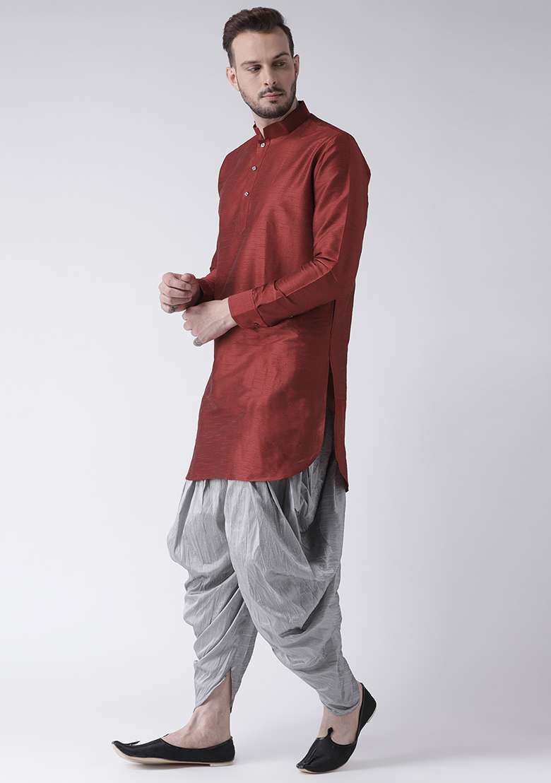 Maroon Embroidery Sequins Work Dupion Silk Blend Kurta Set For Men - Indya