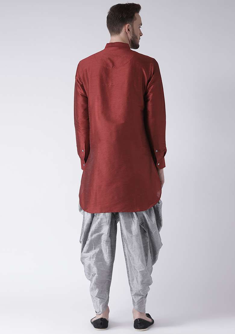 Maroon Embroidery Sequins Work Dupion Silk Blend Kurta Set For Men - Indya