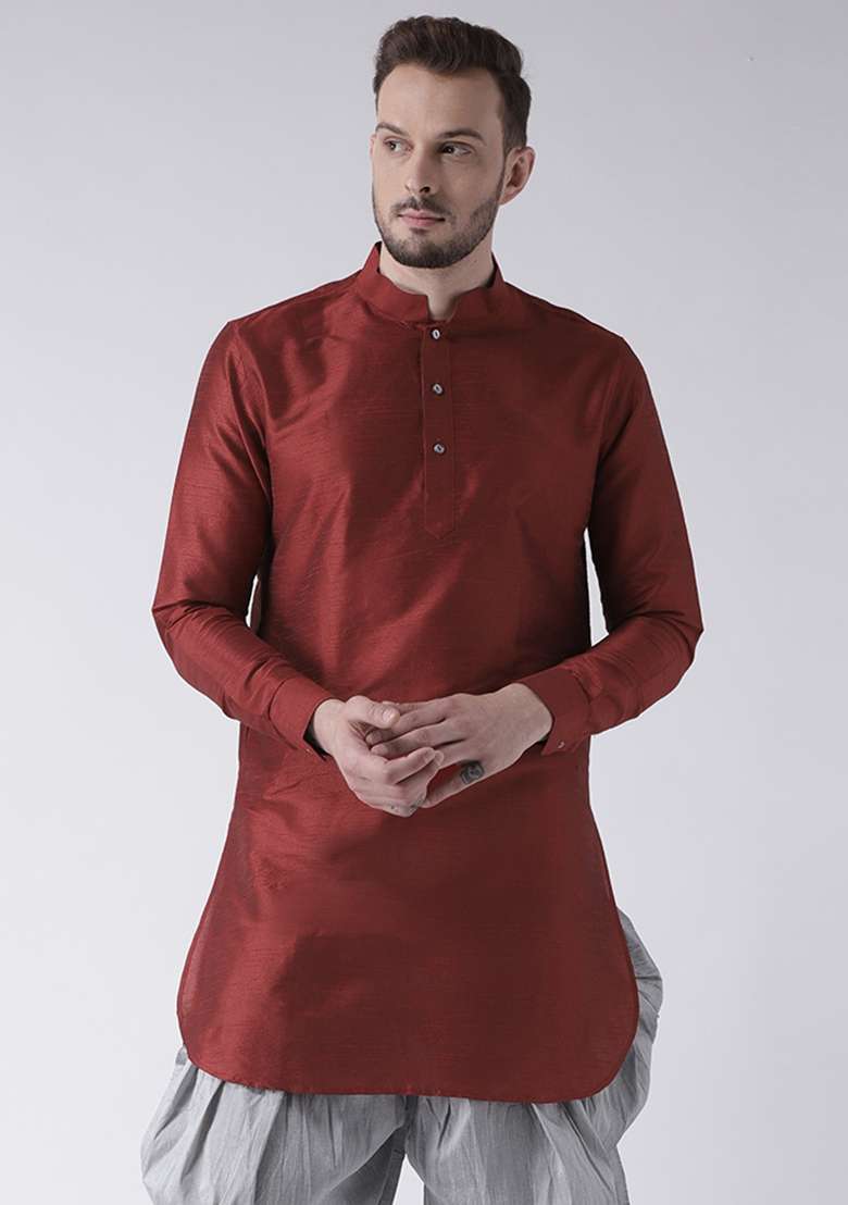 Maroon Embroidery Sequins Work Dupion Silk Blend Kurta Set For Men - Indya