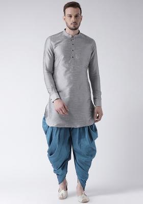 Grey Embroidery Sequins Work Dupion Silk Blend Kurta Set For Men