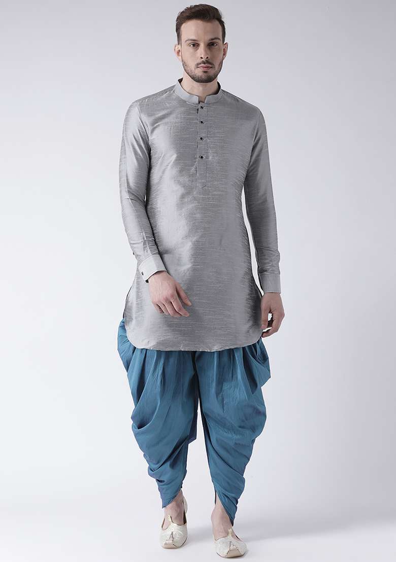 Grey Embroidery Sequins Work Dupion Silk Blend Kurta Set For Men - Indya