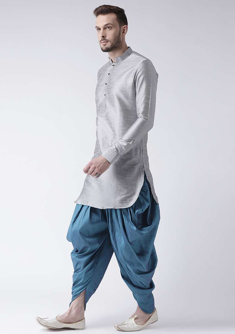 Grey Embroidery Sequins Work Dupion Silk Blend Kurta Set For Men - Indya