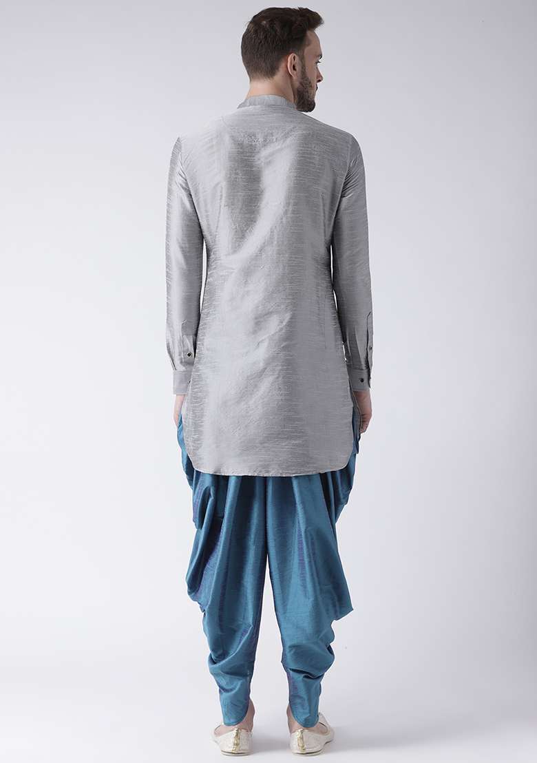 Grey Embroidery Sequins Work Dupion Silk Blend Kurta Set For Men - Indya