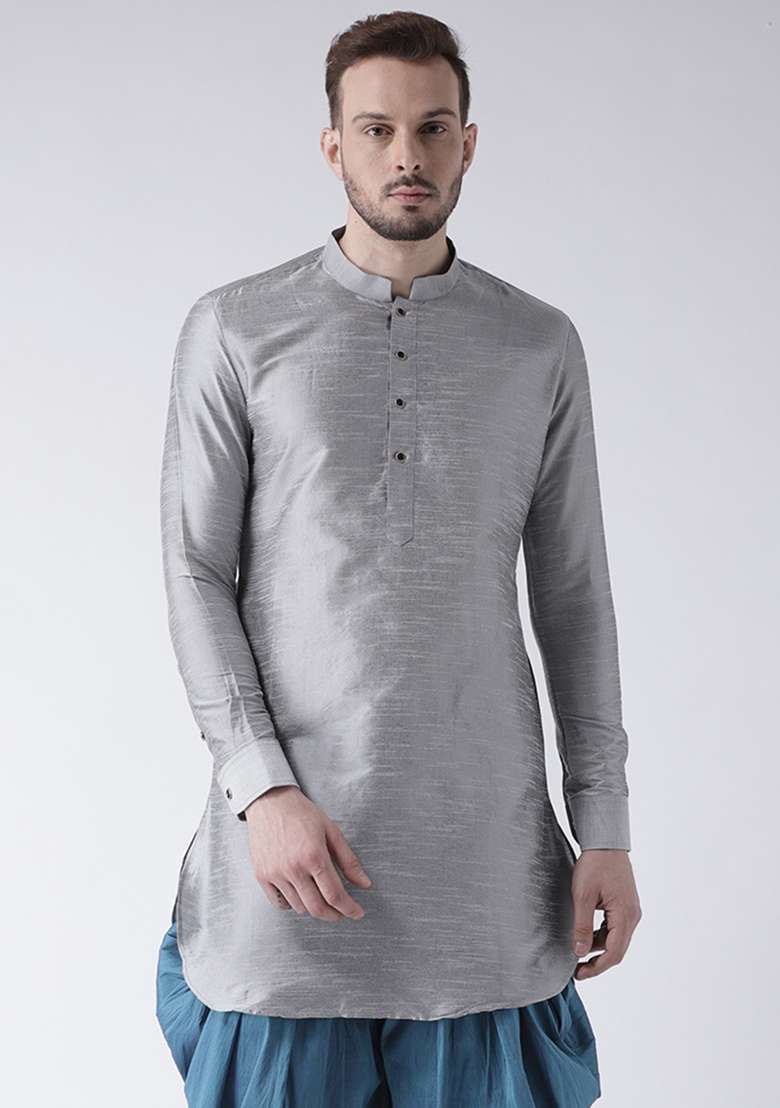 Grey Embroidery Sequins Work Dupion Silk Blend Kurta Set For Men - Indya