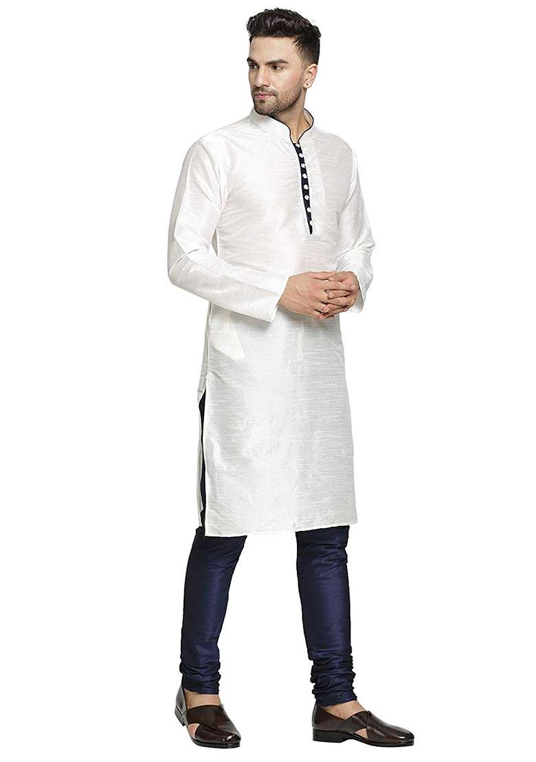 White Embroidery Sequins Work Dupion Silk Blend Kurta Set For Men - Indya