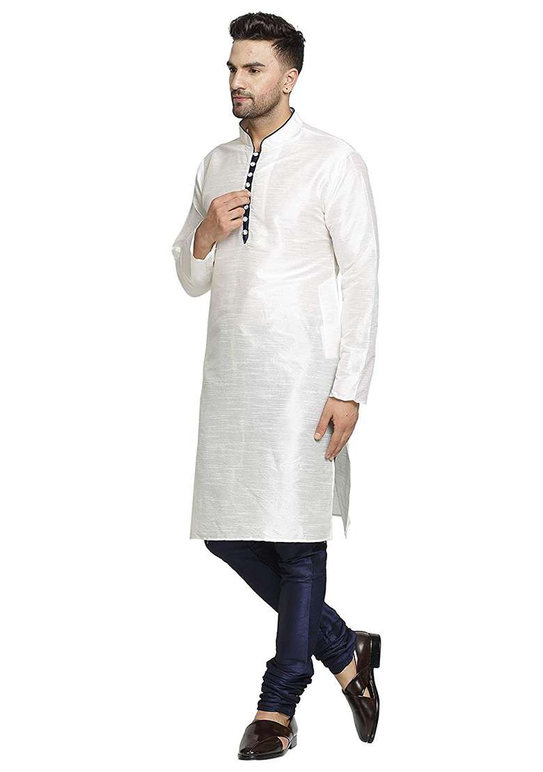 White Embroidery Sequins Work Dupion Silk Blend Kurta Set For Men - Indya