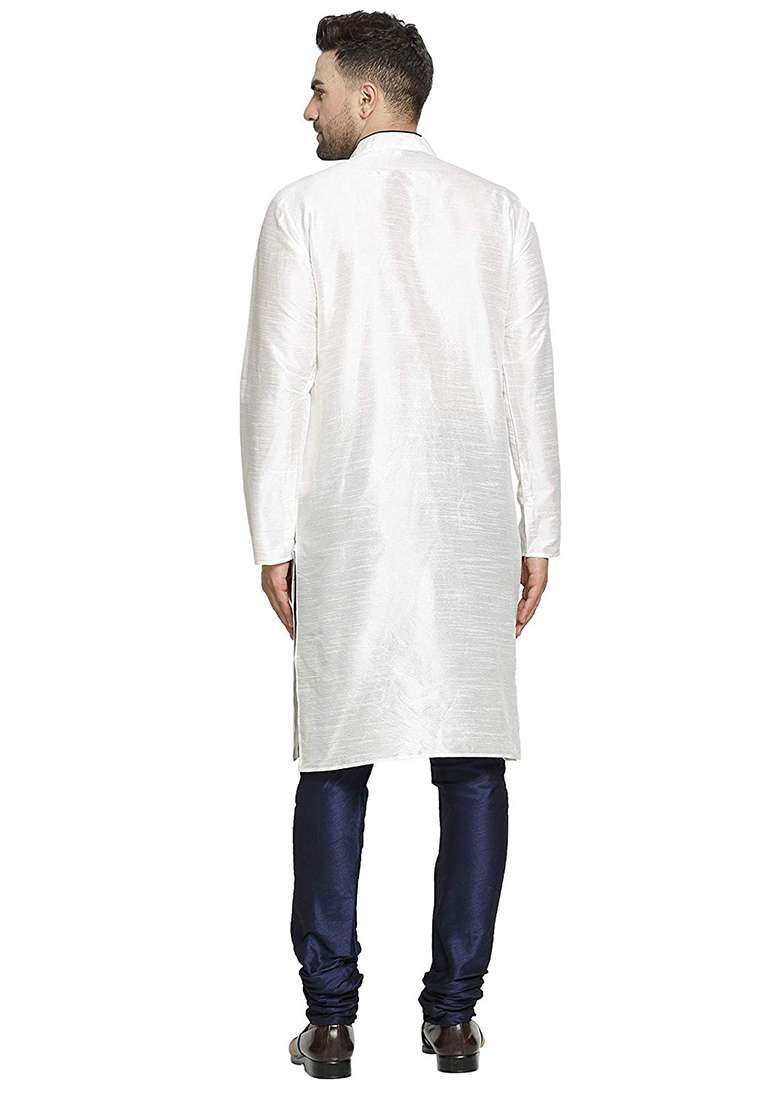 White Embroidery Sequins Work Dupion Silk Blend Kurta Set For Men - Indya