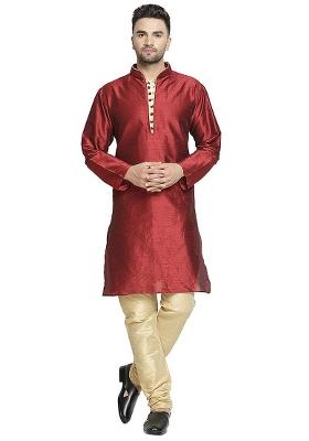 Maroon Embroidery Sequins Work Dupion Silk Kurta Set For Men