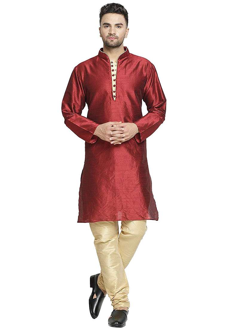 Maroon Embroidery Sequins Work Dupion Silk Blend Kurta Set For Men - Indya