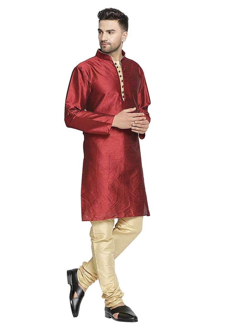 Maroon Embroidery Sequins Work Dupion Silk Blend Kurta Set For Men - Indya