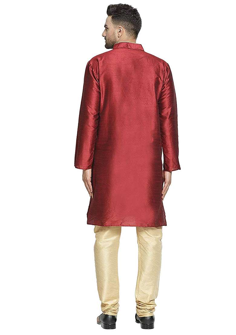 Maroon Embroidery Sequins Work Dupion Silk Blend Kurta Set For Men - Indya