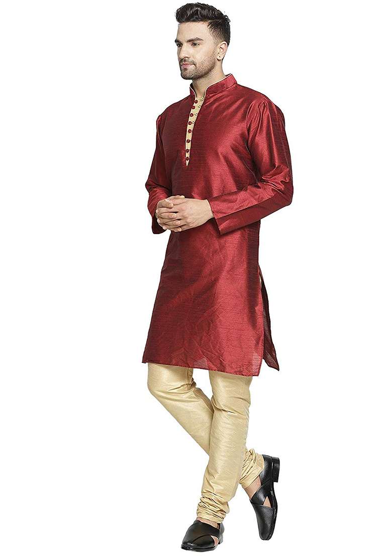 Maroon Embroidery Sequins Work Dupion Silk Blend Kurta Set For Men - Indya