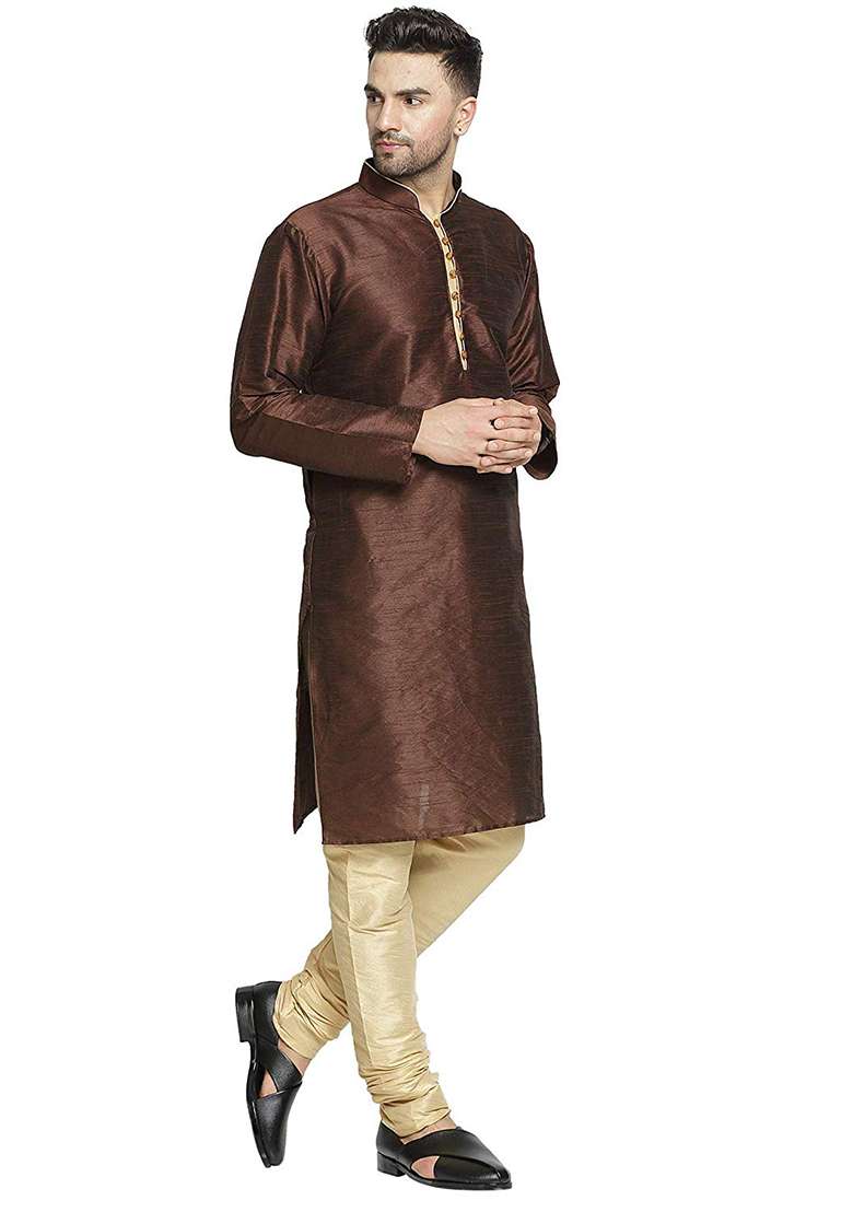Brown Embroidery Sequins Work Dupion Silk Blend Kurta Set For Men - Indya