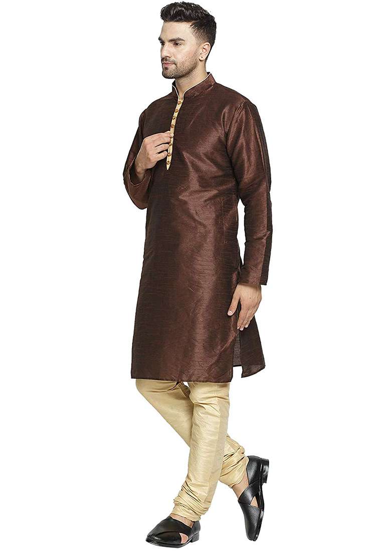 Brown Embroidery Sequins Work Dupion Silk Blend Kurta Set For Men - Indya