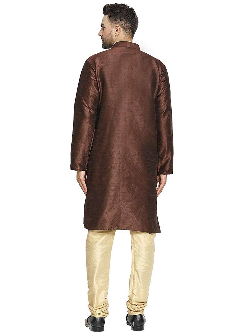 Brown Embroidery Sequins Work Dupion Silk Blend Kurta Set For Men - Indya