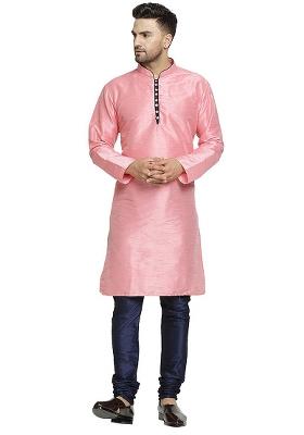 Pink Embroidery Sequins Work Dupion Silk Kurta Set For Men