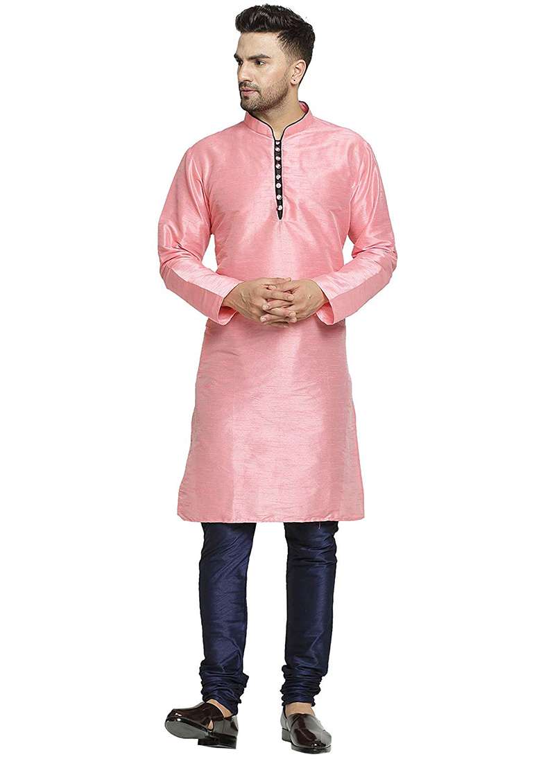 Pink Embroidery Sequins Work Dupion Silk Blend Kurta Set For Men - Indya