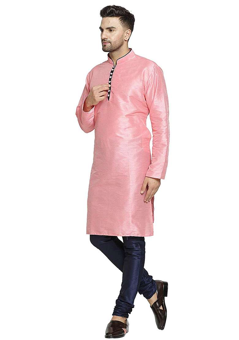 Pink Embroidery Sequins Work Dupion Silk Blend Kurta Set For Men - Indya