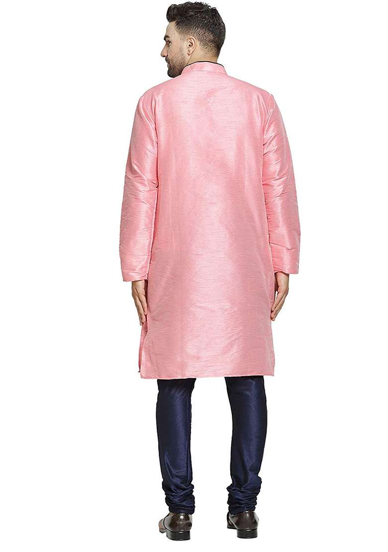 Pink Embroidery Sequins Work Dupion Silk Blend Kurta Set For Men - Indya