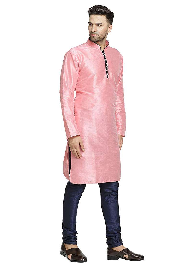 Pink Embroidery Sequins Work Dupion Silk Blend Kurta Set For Men - Indya