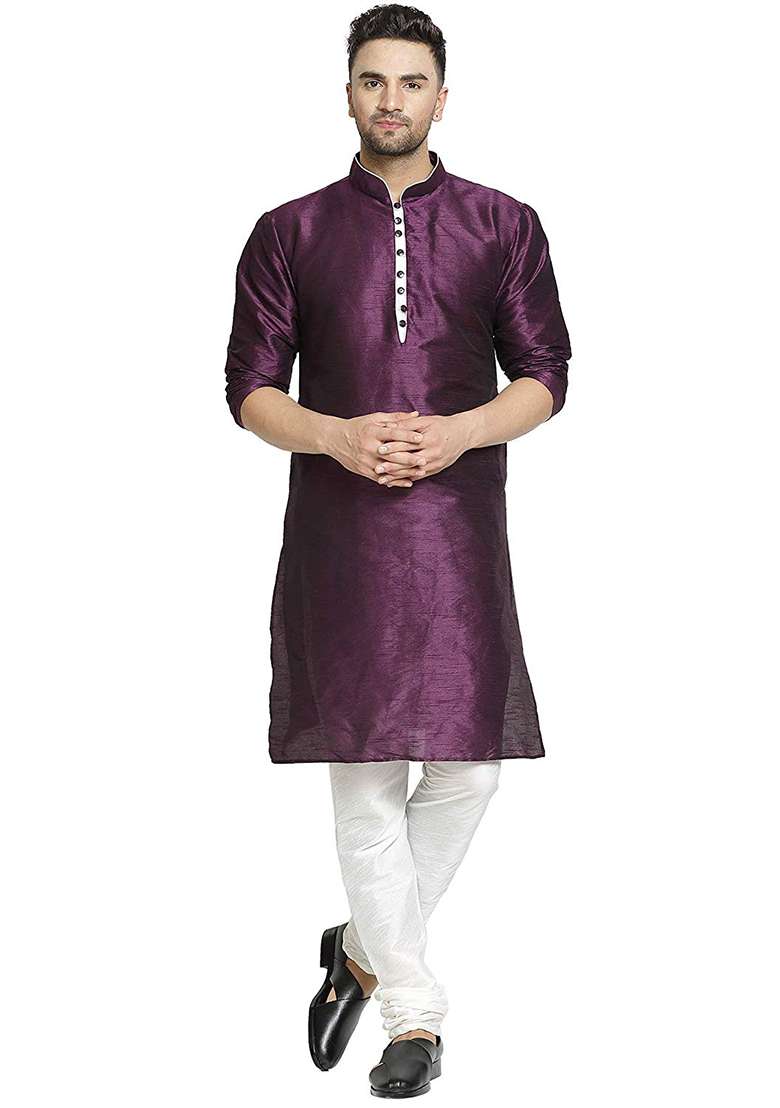 Purple Embroidery Sequins Work Dupion Silk Kurta Set For Men - Indya