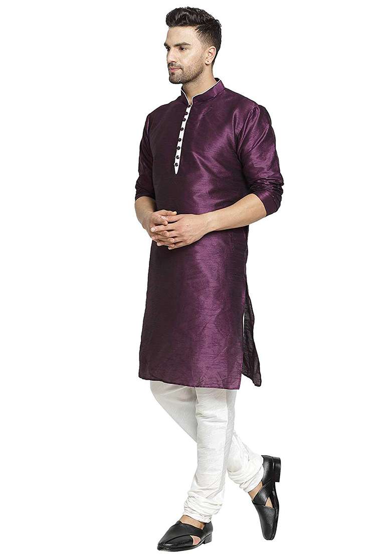Purple Embroidery Sequins Work Dupion Silk Kurta Set For Men - Indya