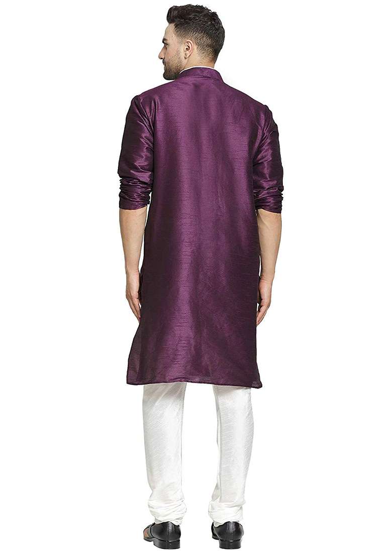 Purple Embroidery Sequins Work Dupion Silk Kurta Set For Men - Indya