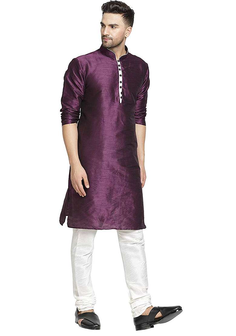 Purple Embroidery Sequins Work Dupion Silk Kurta Set For Men - Indya