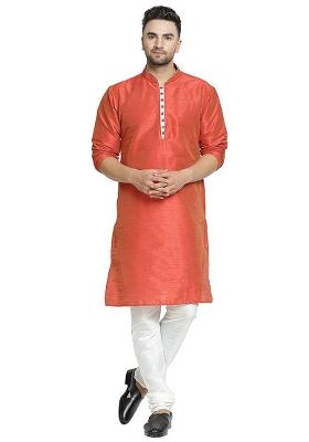 Rust Embroidery Sequins Work Dupion Silk Kurta Set For Men
