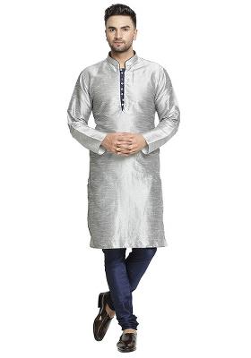 Grey Embroidery Sequins Work Dupion Silk Blend Kurta Set For Men