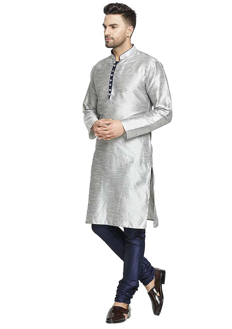 Grey Embroidery Sequins Work Dupion Silk Blend Kurta Set For Men - Indya