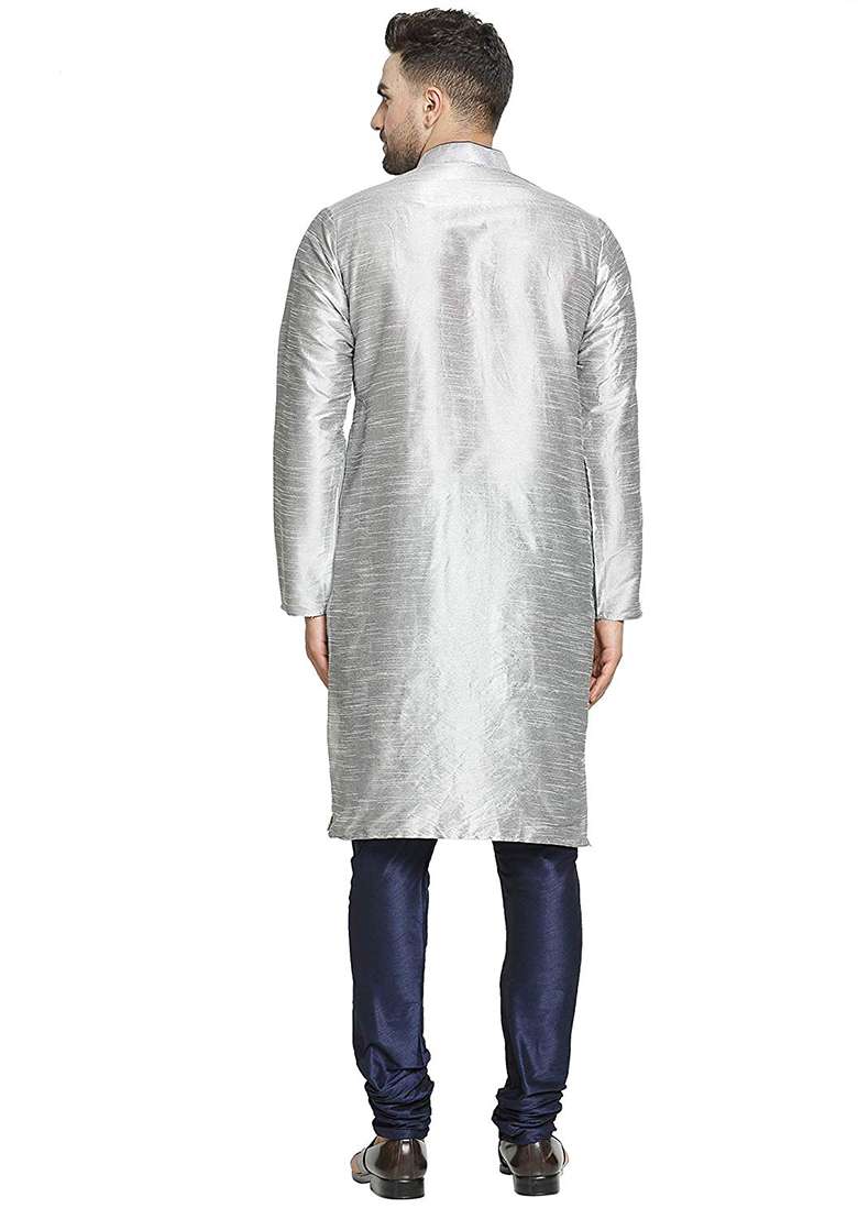 Grey Embroidery Sequins Work Dupion Silk Blend Kurta Set For Men - Indya