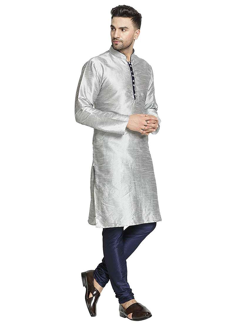 Grey Embroidery Sequins Work Dupion Silk Blend Kurta Set For Men - Indya