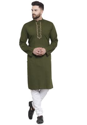 Green Embroidery Sequins Work Cotton Blend Kurta Set For Men