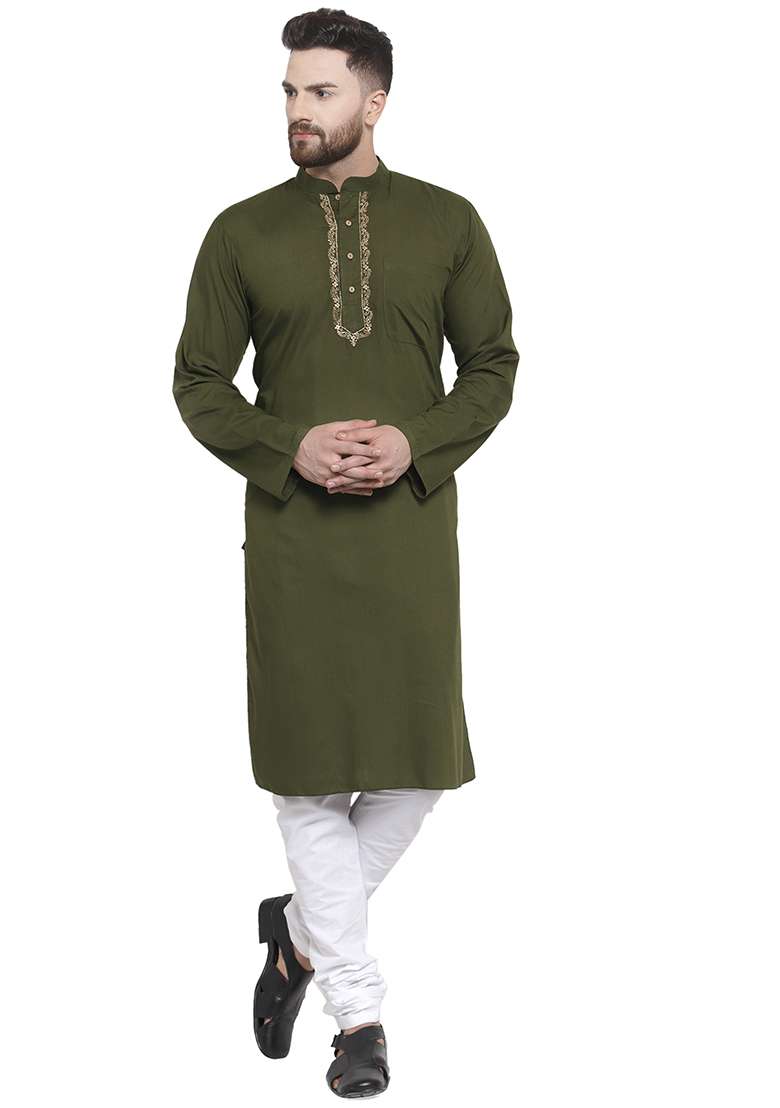 Green Embroidery Sequins Work Cotton Blend Kurta Set For Men - Indya