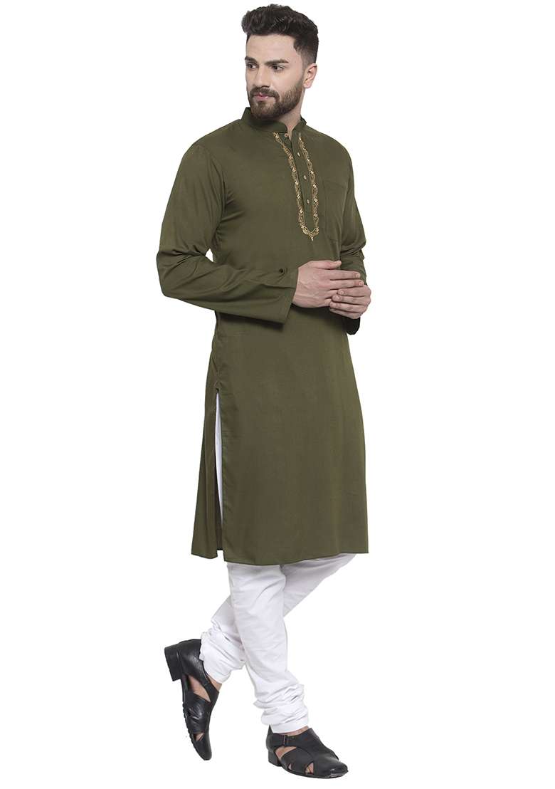 Green Embroidery Sequins Work Cotton Blend Kurta Set For Men - Indya