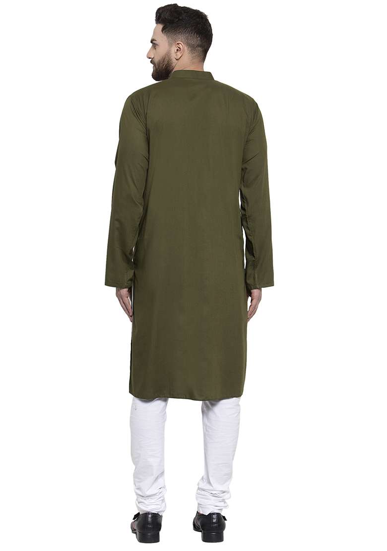 Green Embroidery Sequins Work Cotton Blend Kurta Set For Men - Indya