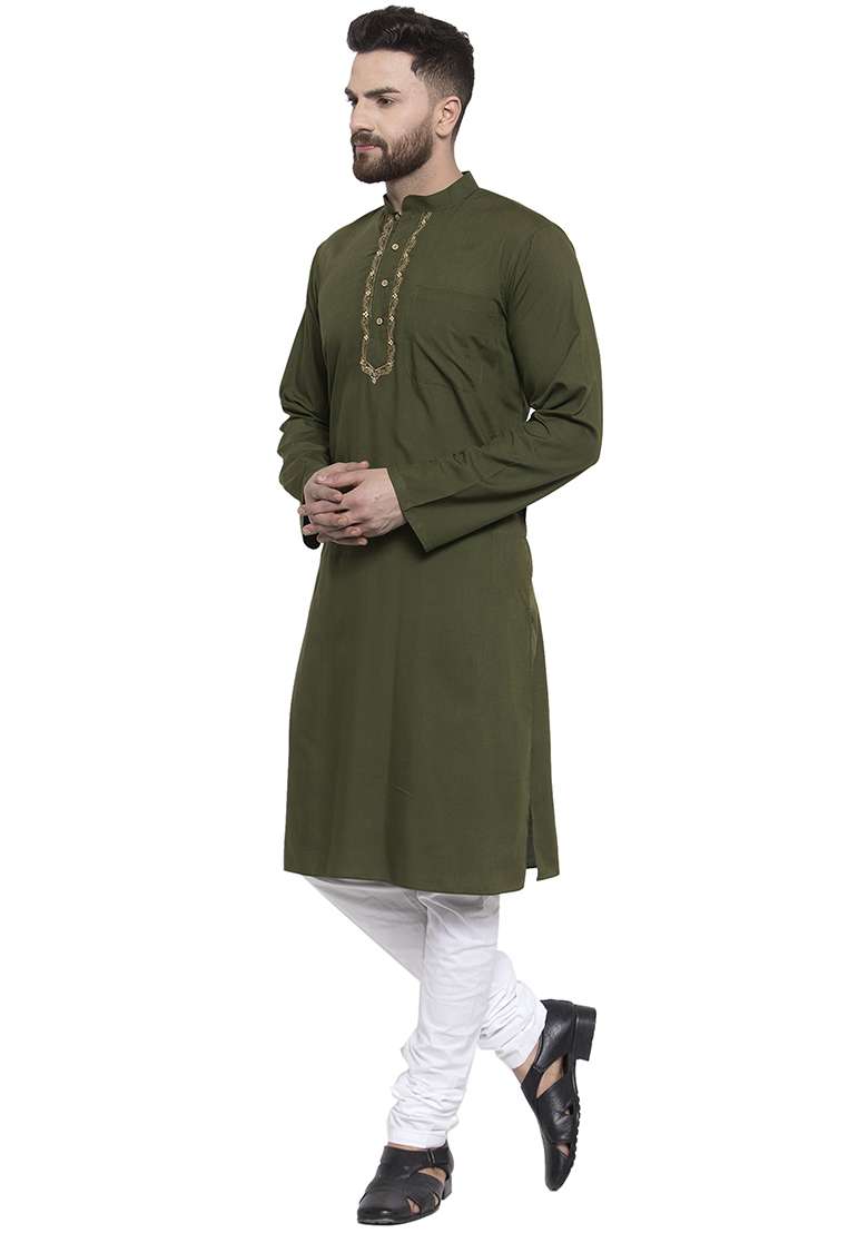 Green Embroidery Sequins Work Cotton Blend Kurta Set For Men - Indya