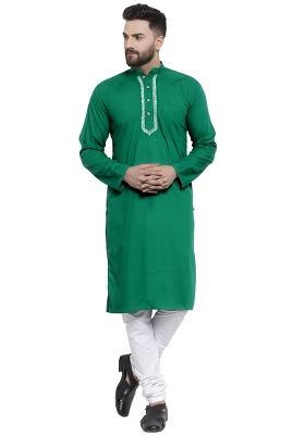 Green Embroidery Sequins Work Cotton Blend Kurta Set For Men