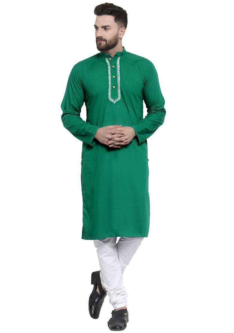 Green Embroidery Sequins Work Cotton Blend Kurta Set For Men - Indya