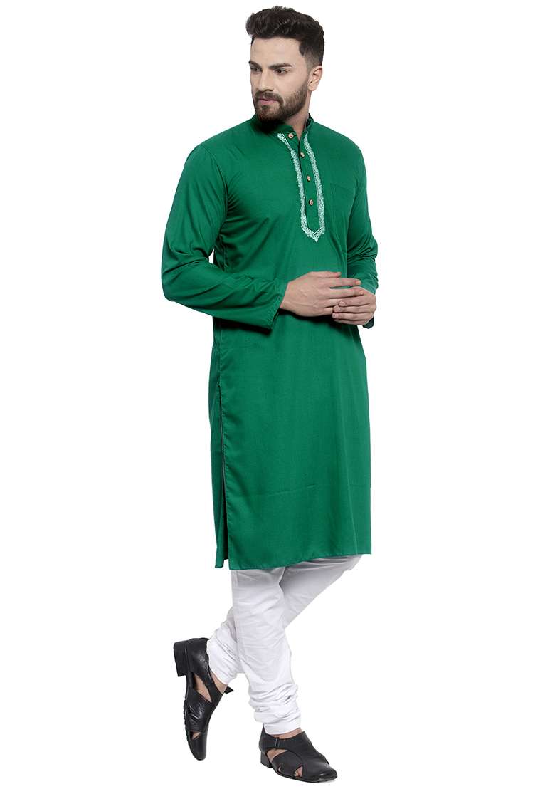 Green Embroidery Sequins Work Cotton Blend Kurta Set For Men - Indya