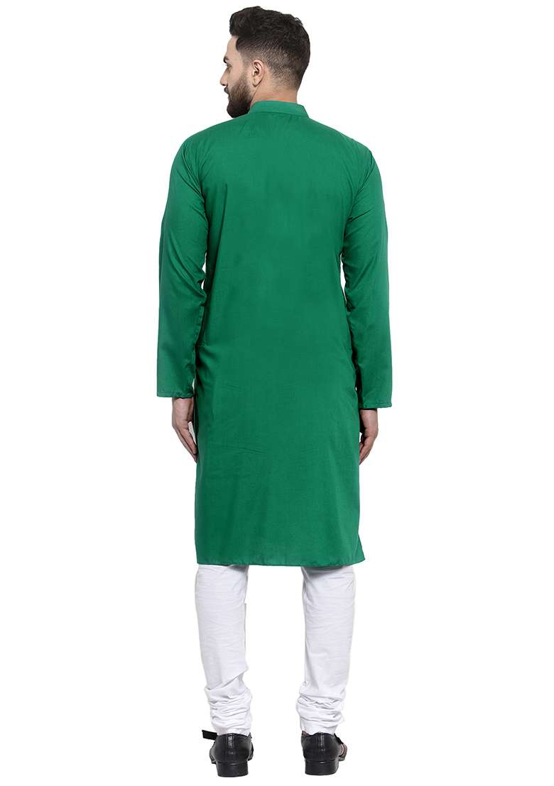 Green Embroidery Sequins Work Cotton Blend Kurta Set For Men - Indya