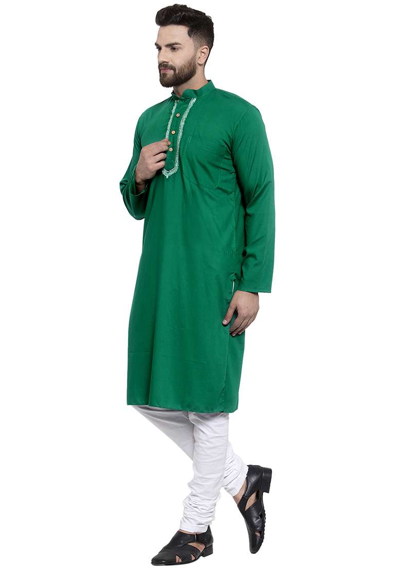 Green Embroidery Sequins Work Cotton Blend Kurta Set For Men - Indya