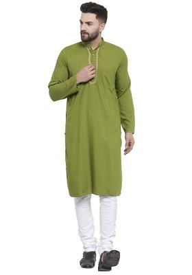 Green Embroidery Sequins Work Cotton Blend Kurta Set For Men